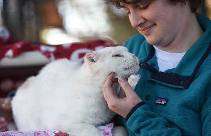Woman smiling and scratching the chin of a white cat