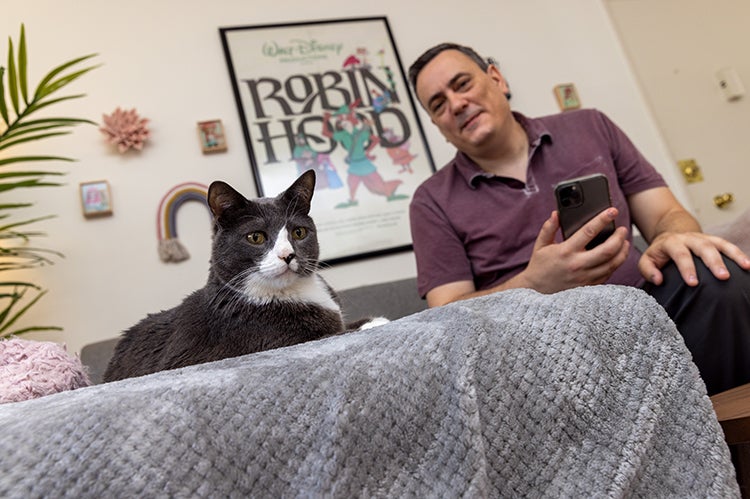 Cat lying on a couch next to a person holding a cell phone