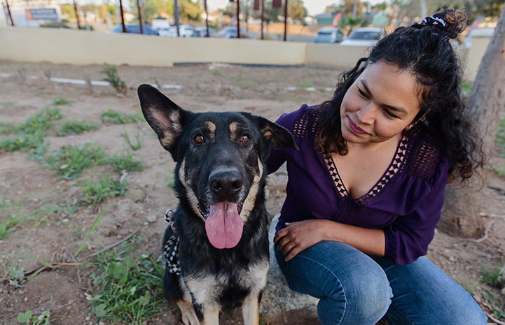 Smiling woman looking at a German shepherd with his tongue out