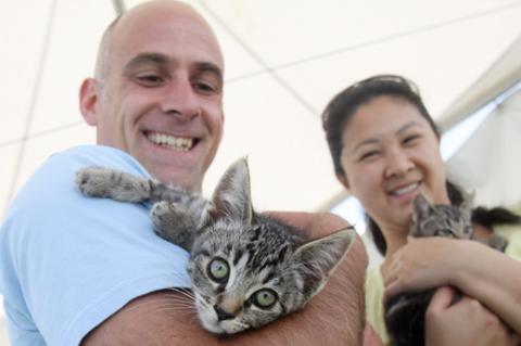 Man and woman who adopted two cats at an animal rescue group's adoption event